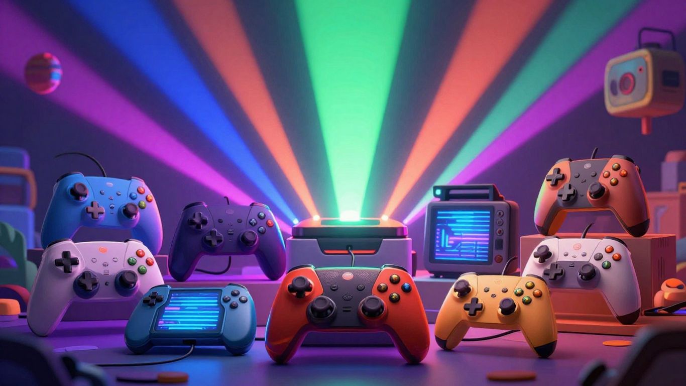 Diverse game controllers and consoles with colorful light beams.