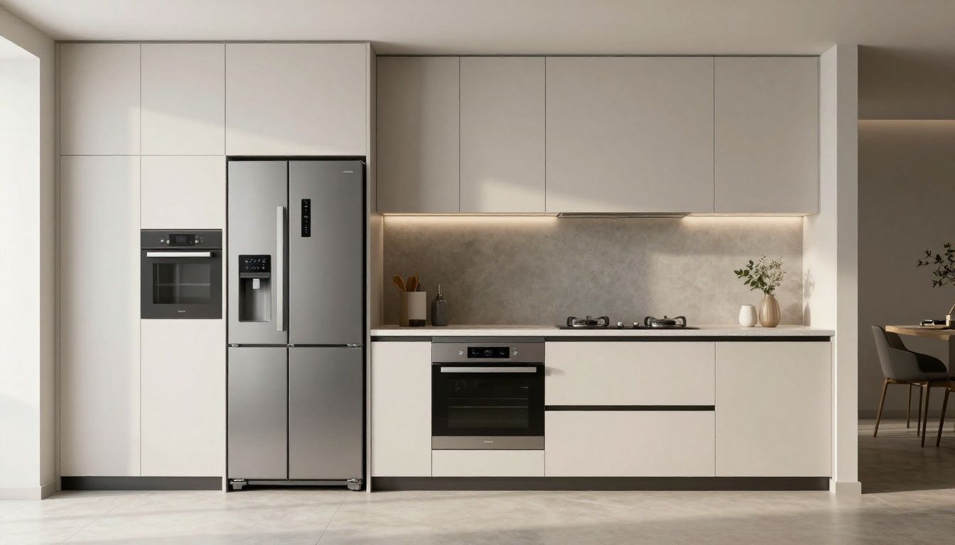 A minimalist kitchen with fully integrated, panel-ready refrigerator and dishwasher, creating a seamless wall of cabinetry.