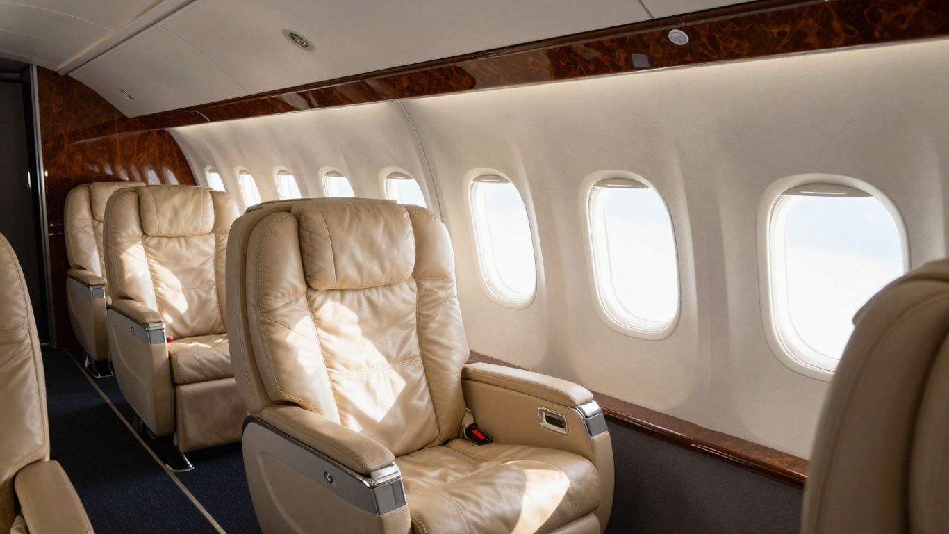 Luxurious JSX plane interior with leather seats and large windows.