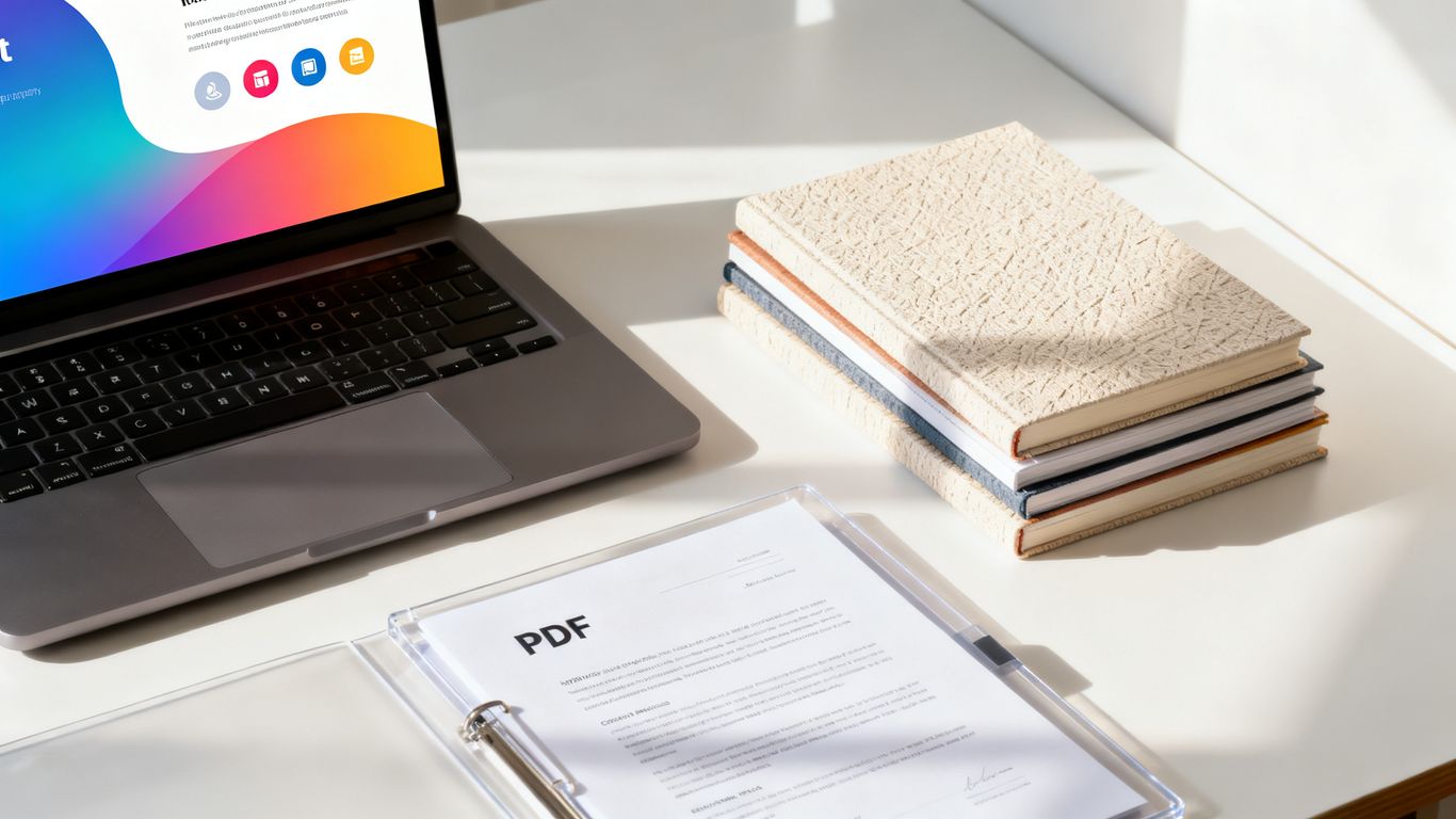 Workbook, PDF, and slides on a desk.