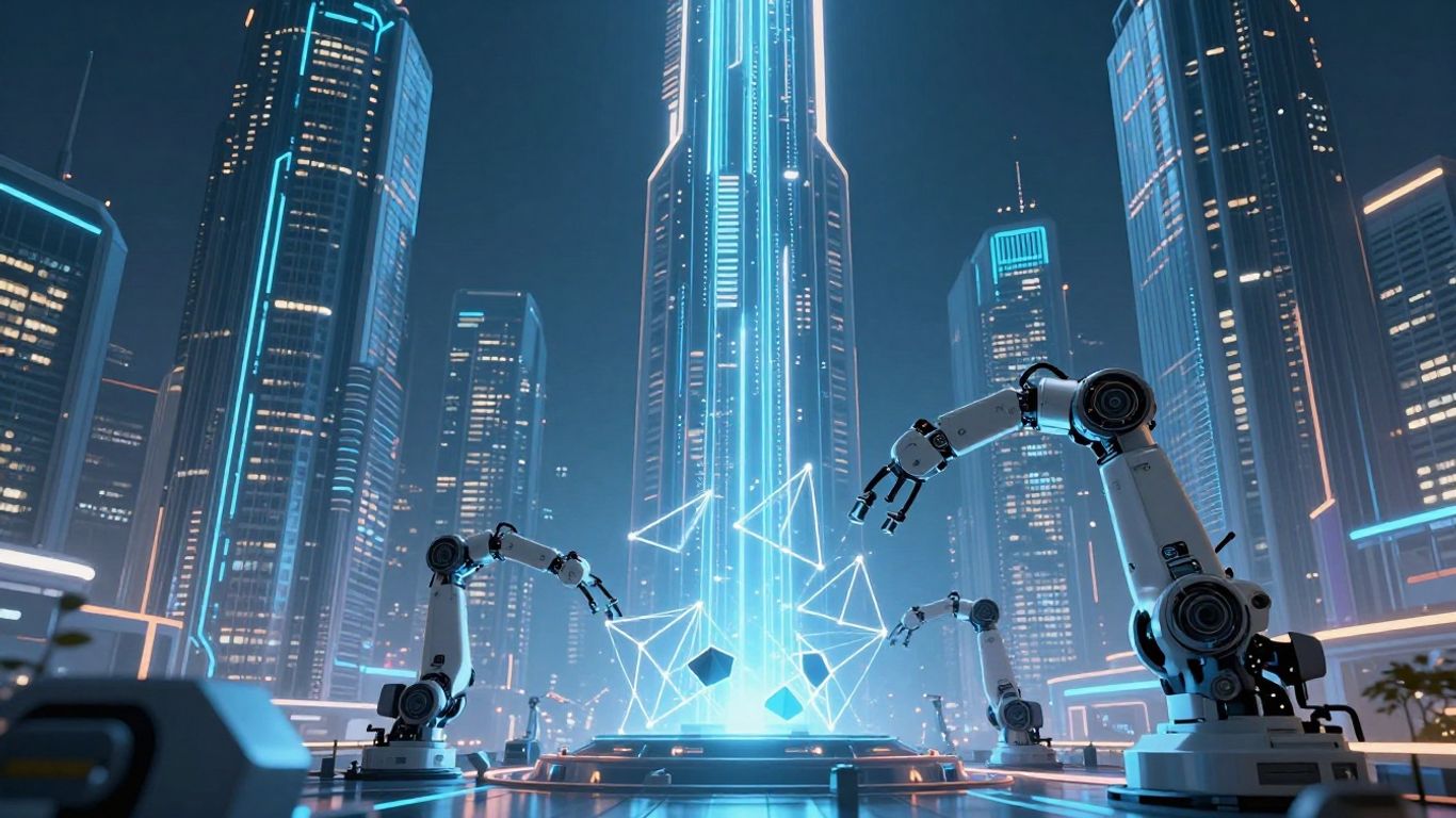 Futuristic cityscape with digital streams and robotic arms.