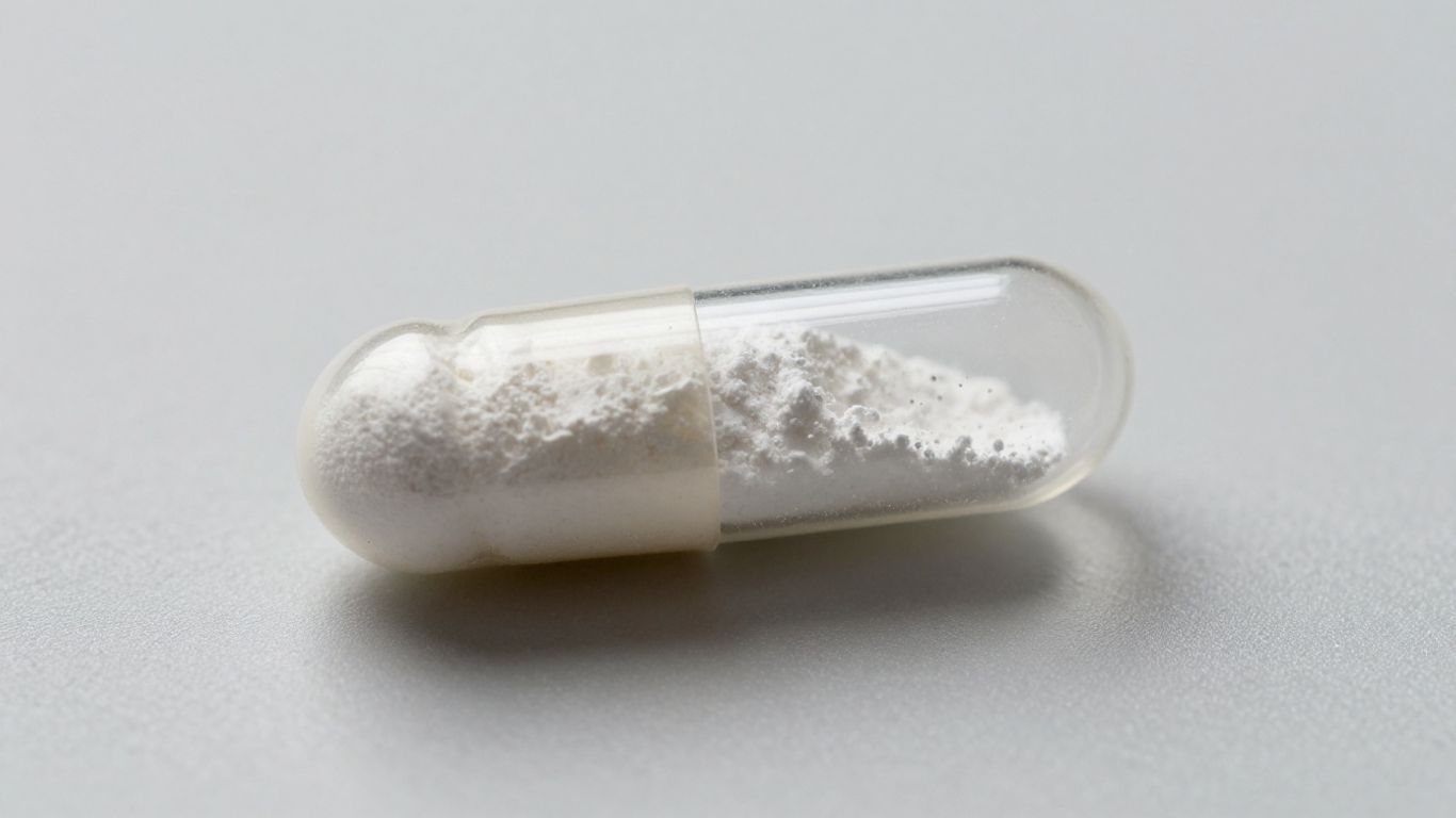 HMB supplement capsule with white powder inside.