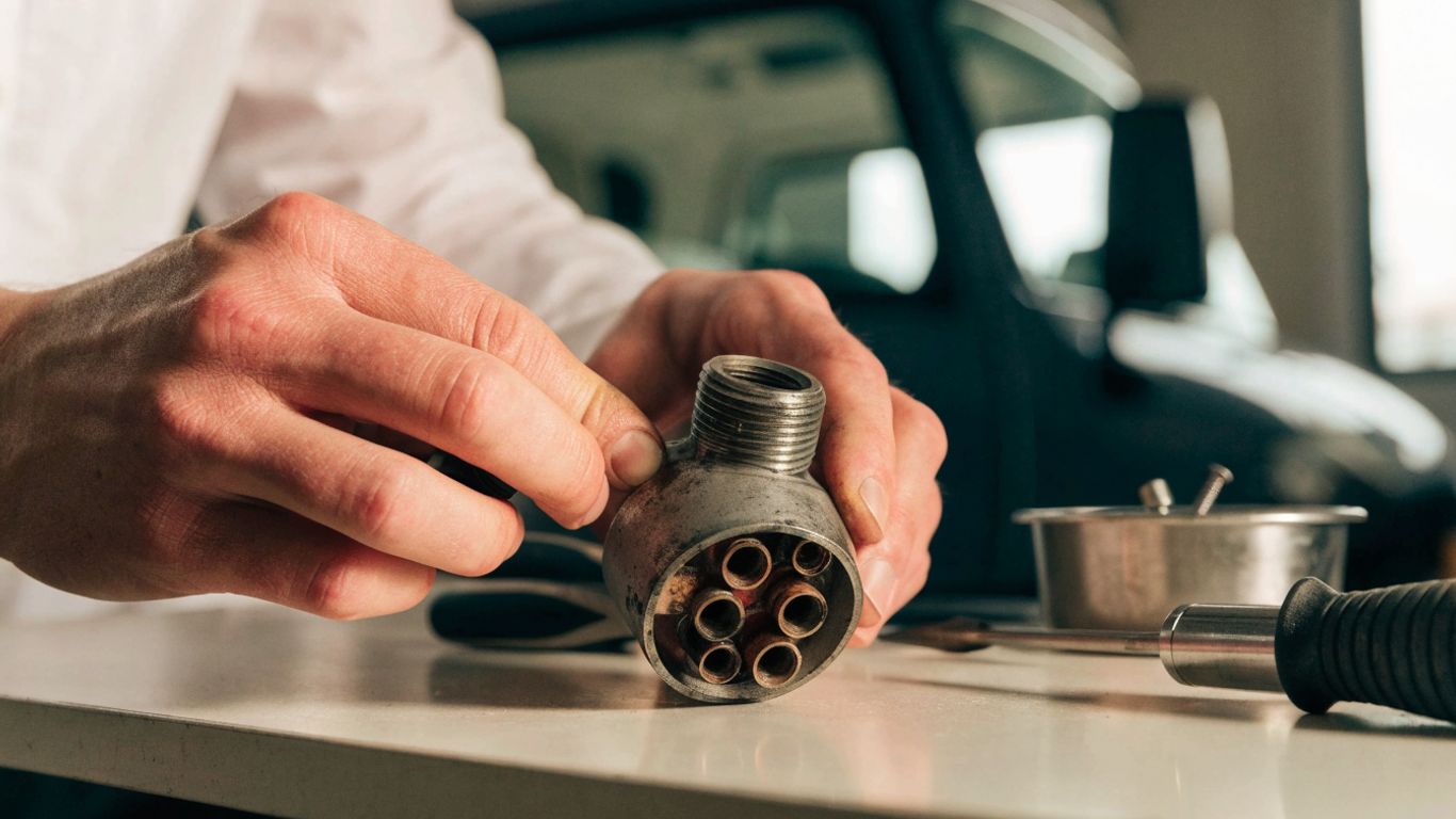 Hands checking a used car part beside a workbench