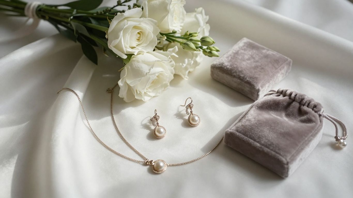 Bridal jewellery arranged beside silk dress and flowers
