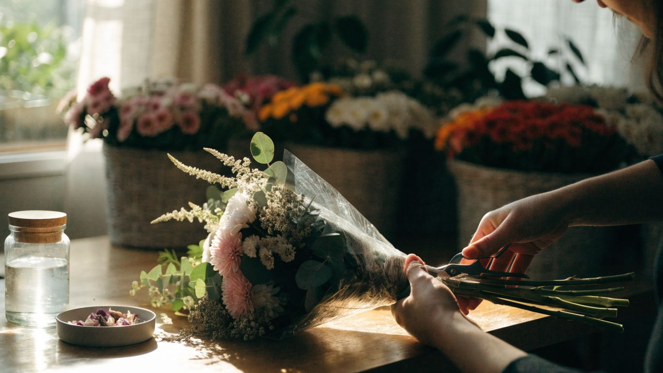 Florist preparing a fresh bouquet at a worktable