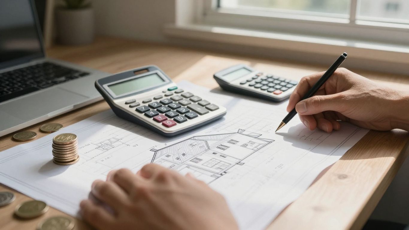 Homeowner calculating home equity with coins and blueprint.