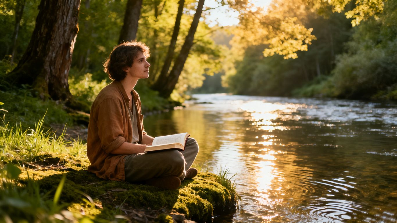Person reading peacefully by a calm river.