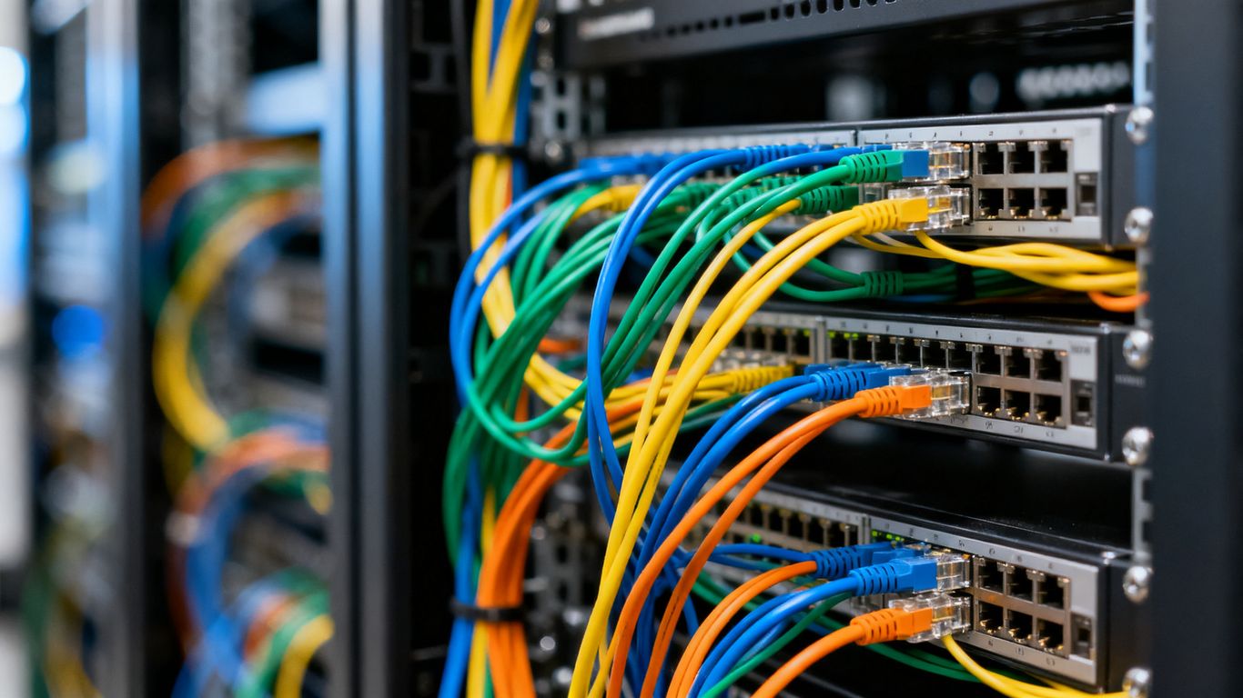 Network cables plugged into a server rack.