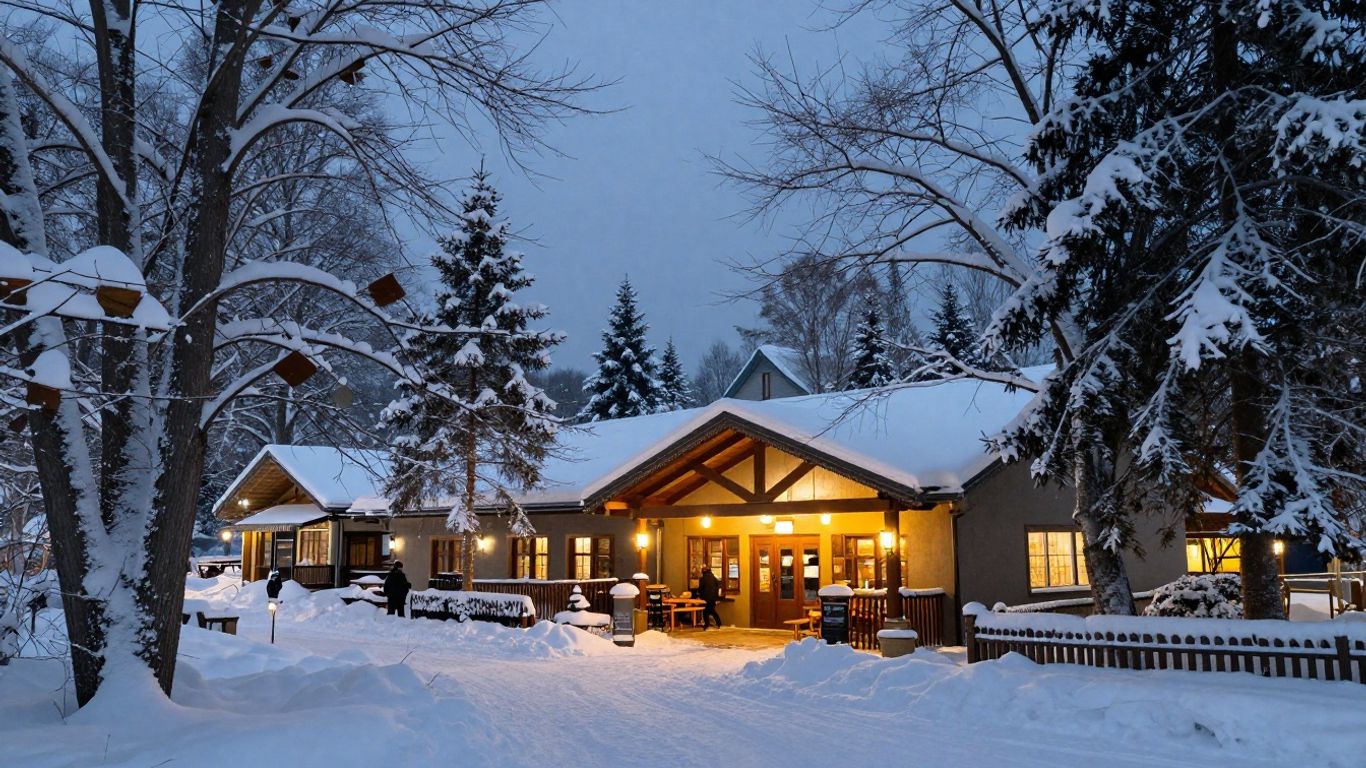 Winter scene with a warm, inviting local building.
