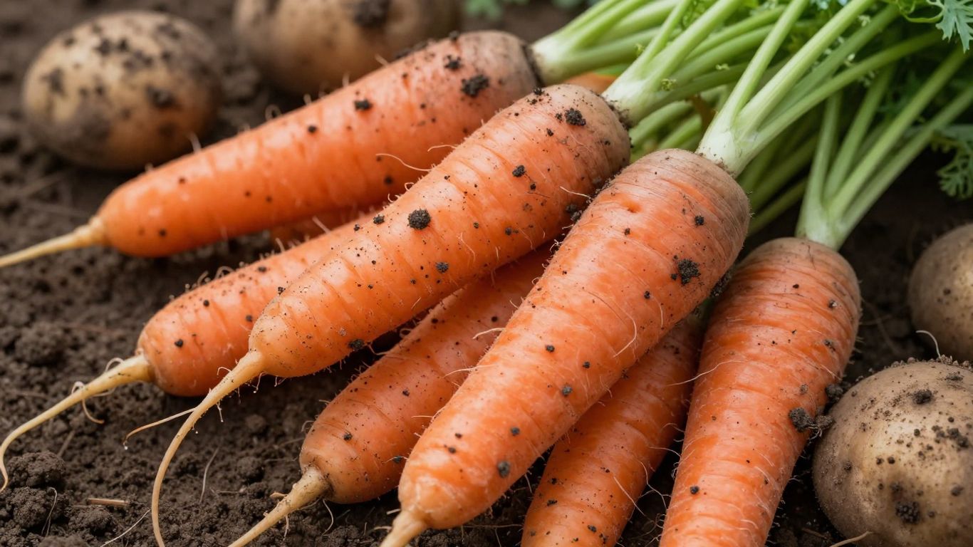Biologische aardappelen en wortels, vers geoogst en aards.