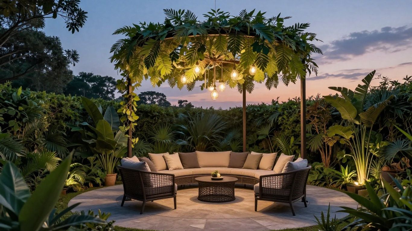 Nature-inspired outdoor chandelier on a patio.