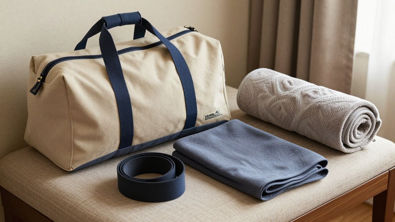 Yoga mat packed beside travel essentials