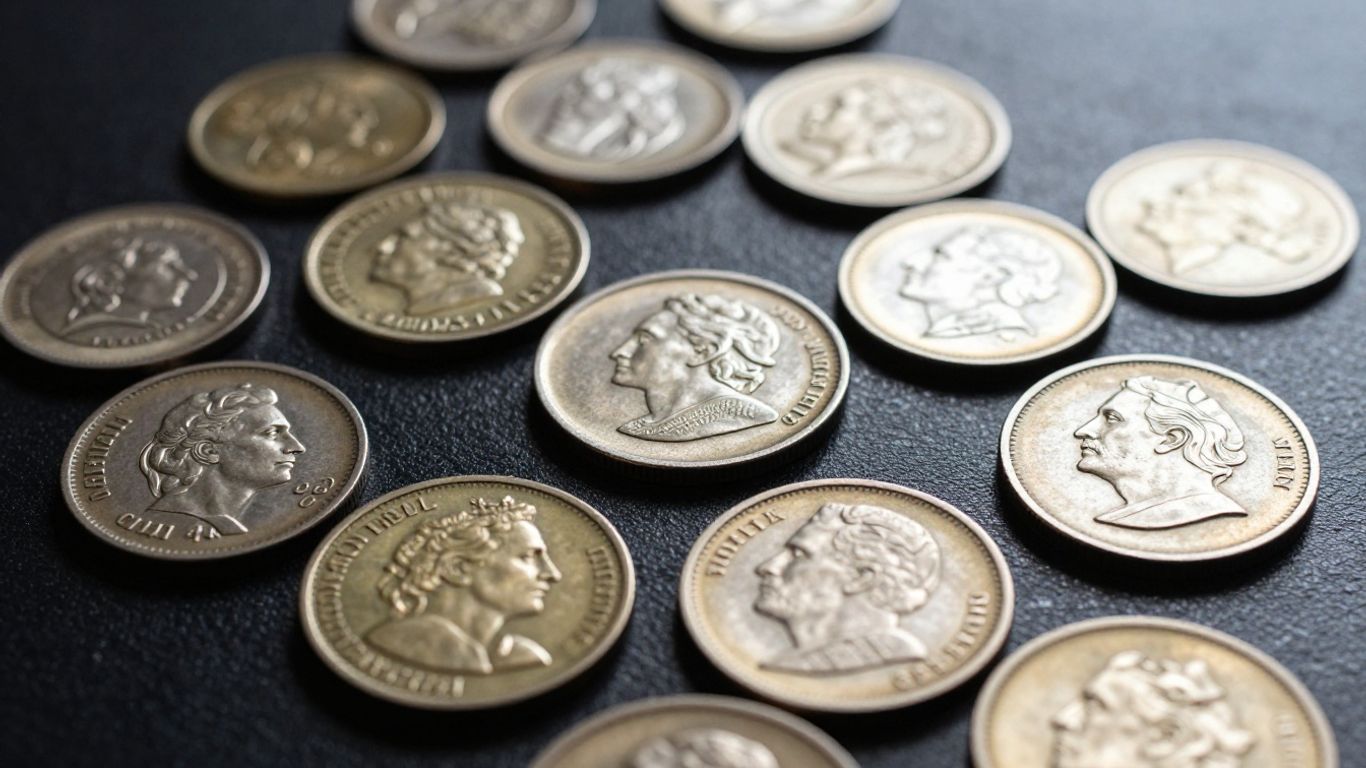 Collection of antique coins with intricate designs.