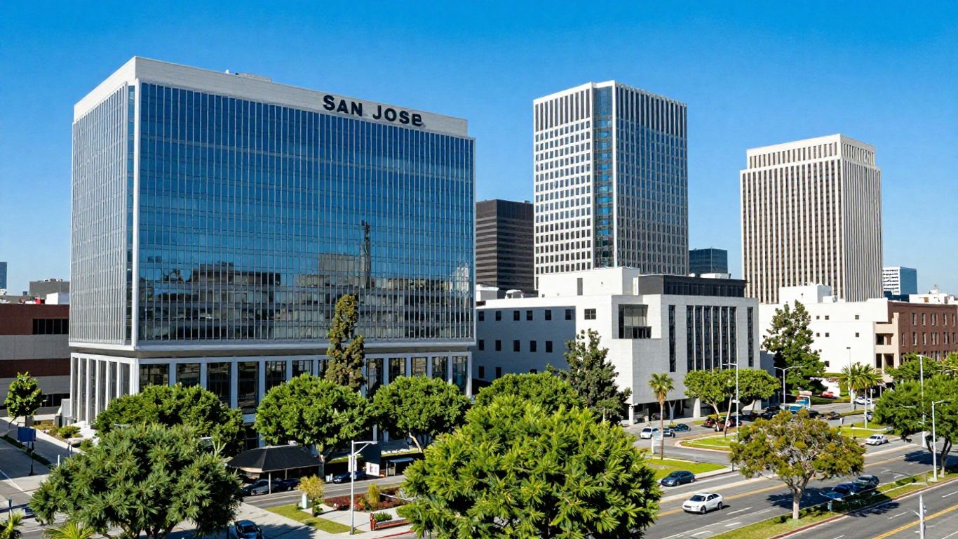 San Jose cityscape with modern buildings and blue sky.