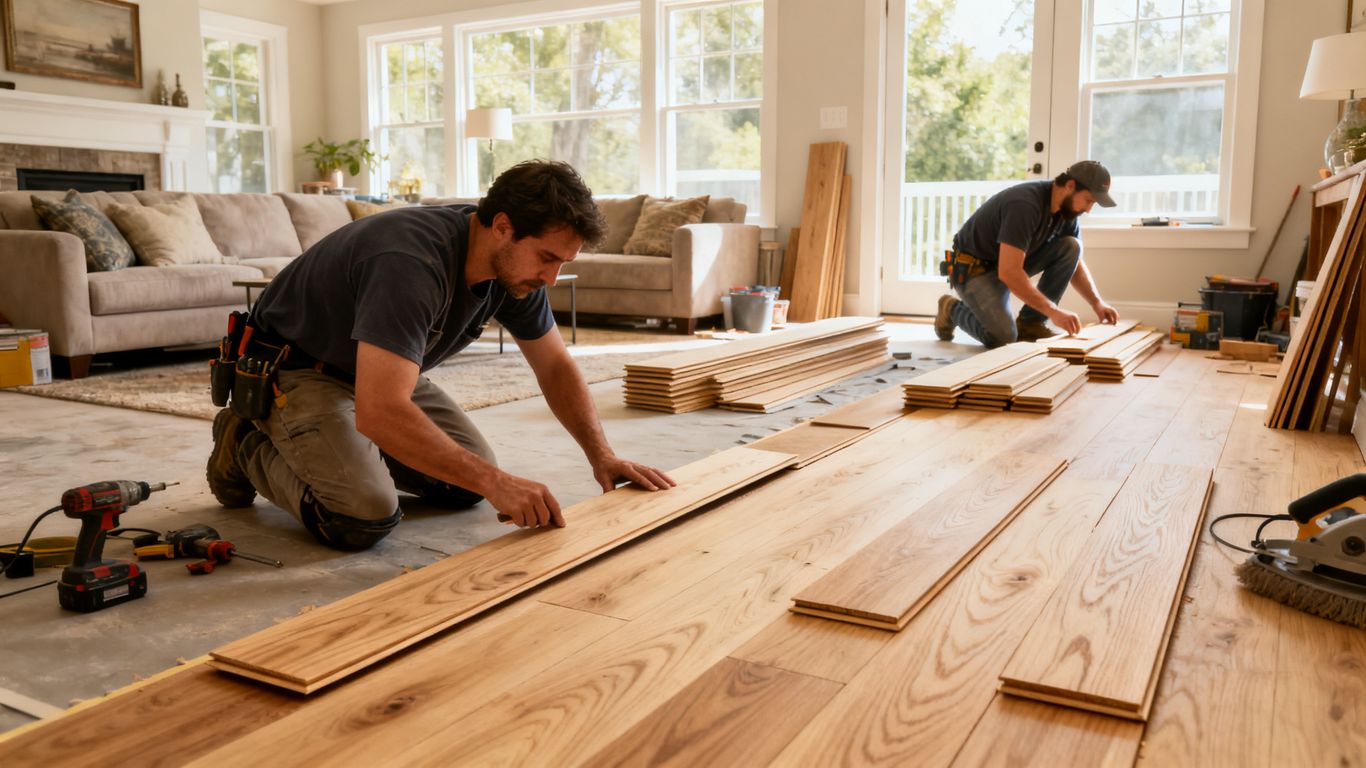 Flooring crew installing planks in a bright living room