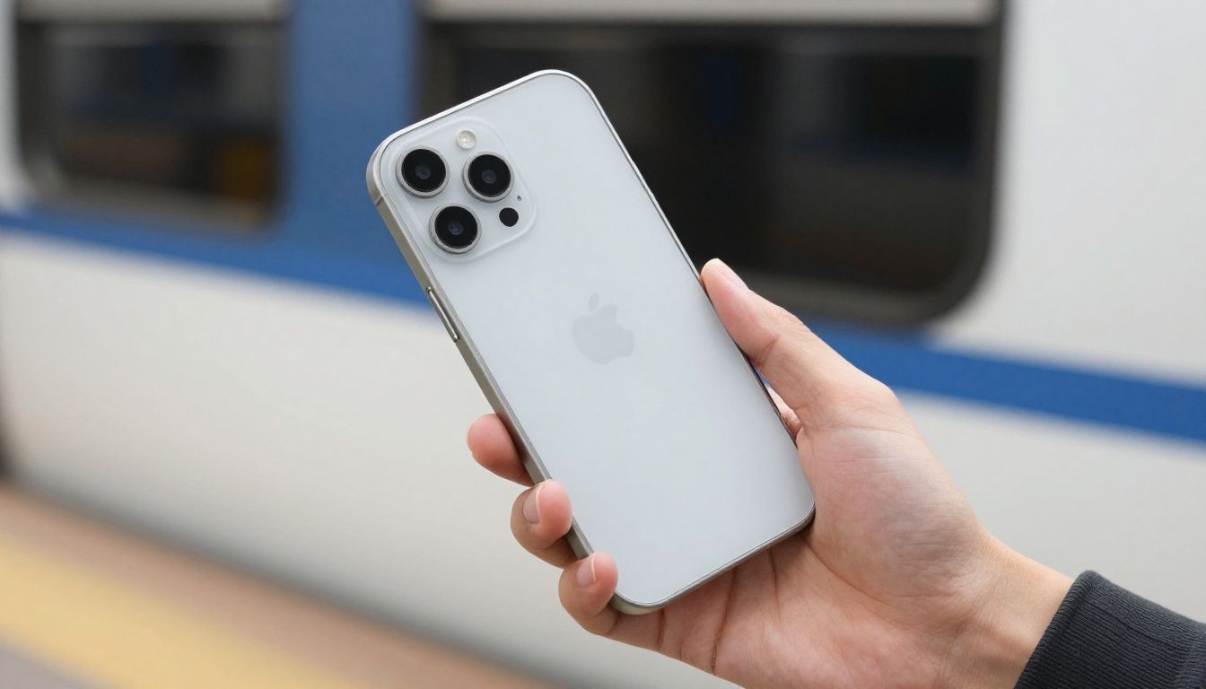 A person commuting on a train in Australia, holding an iPhone 15 in a sleek, minimalist case.