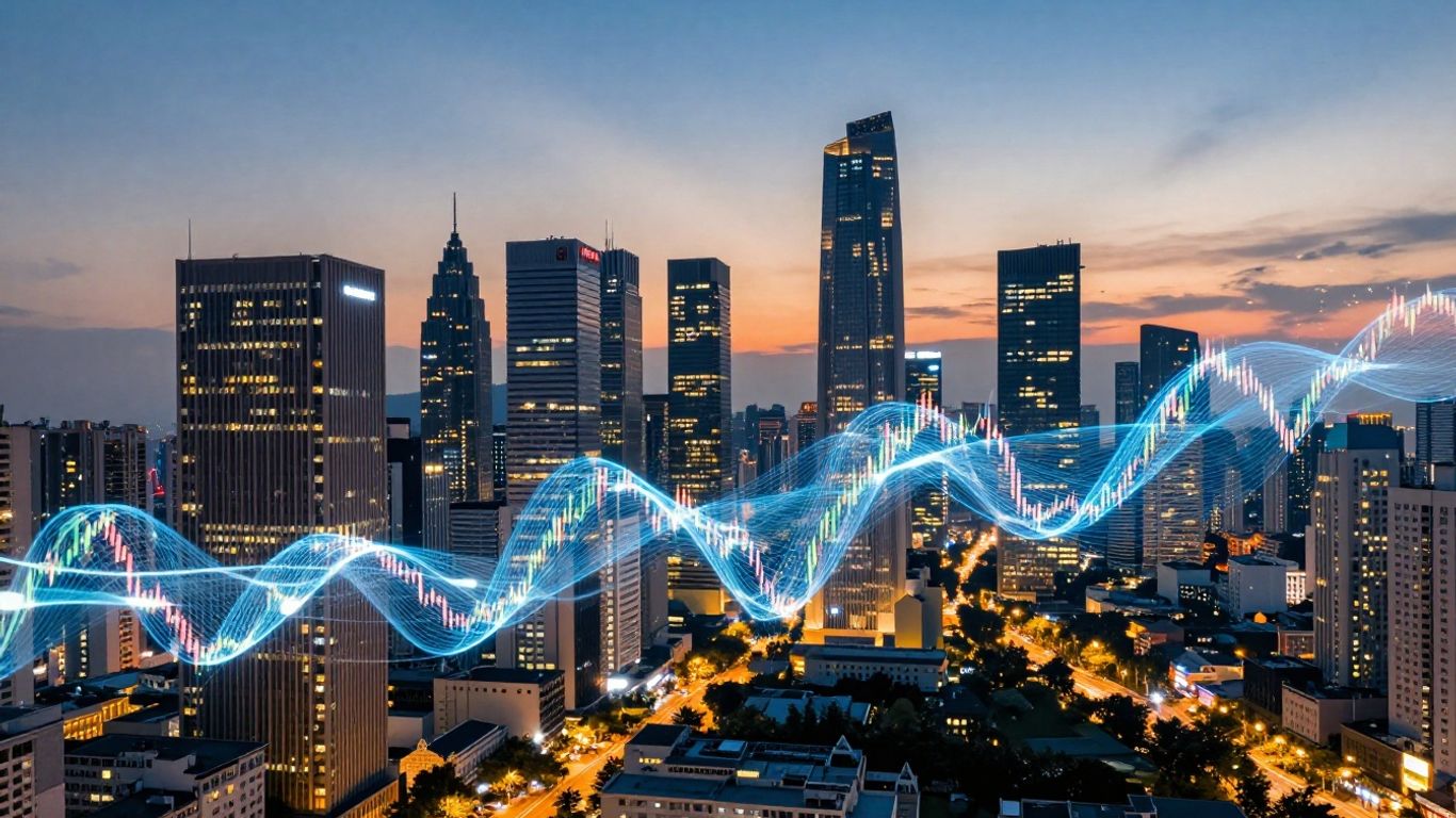 Digital streams connecting city buildings, financial transactions