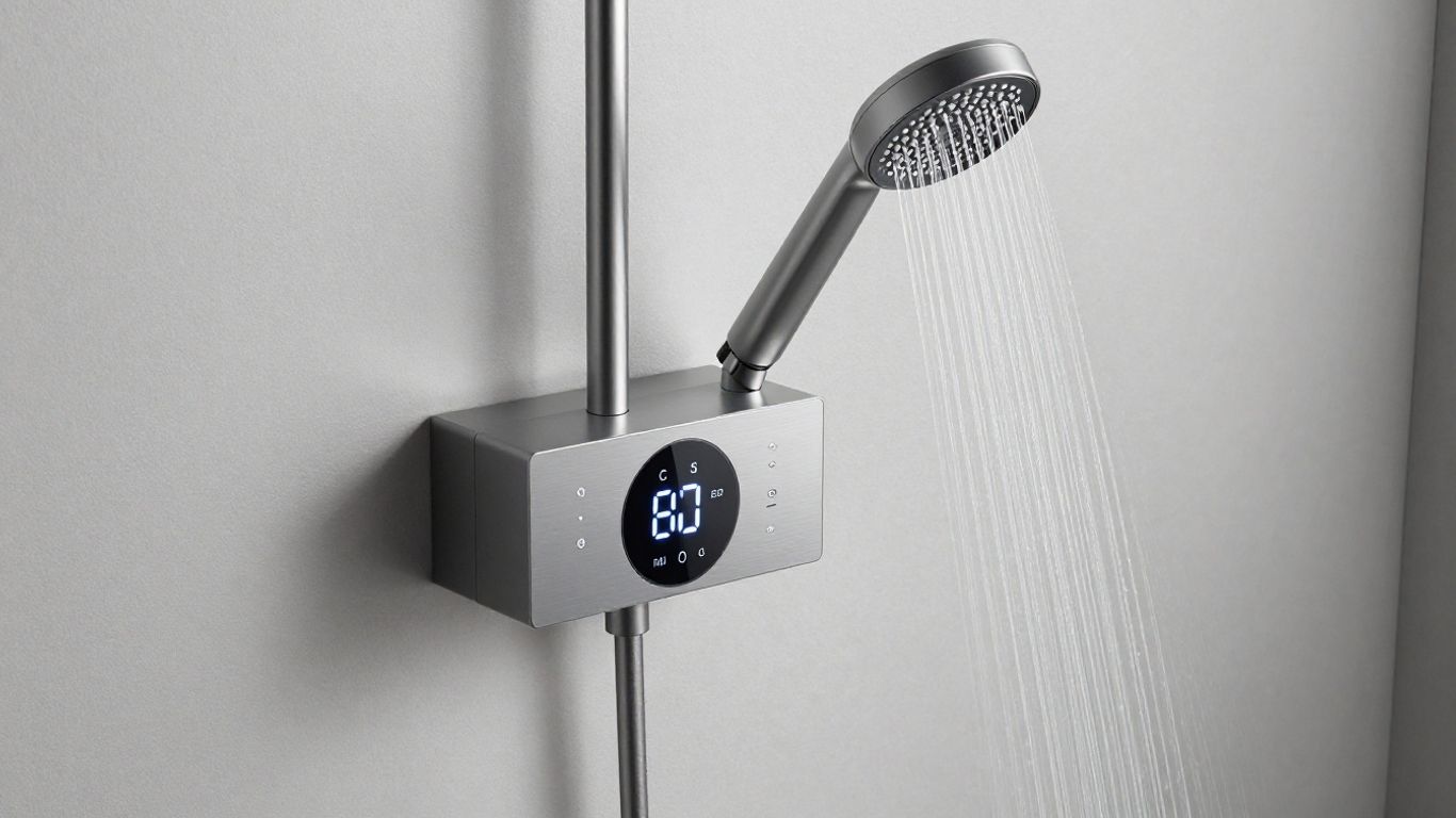 Modern digital shower control with illuminated temperature display.