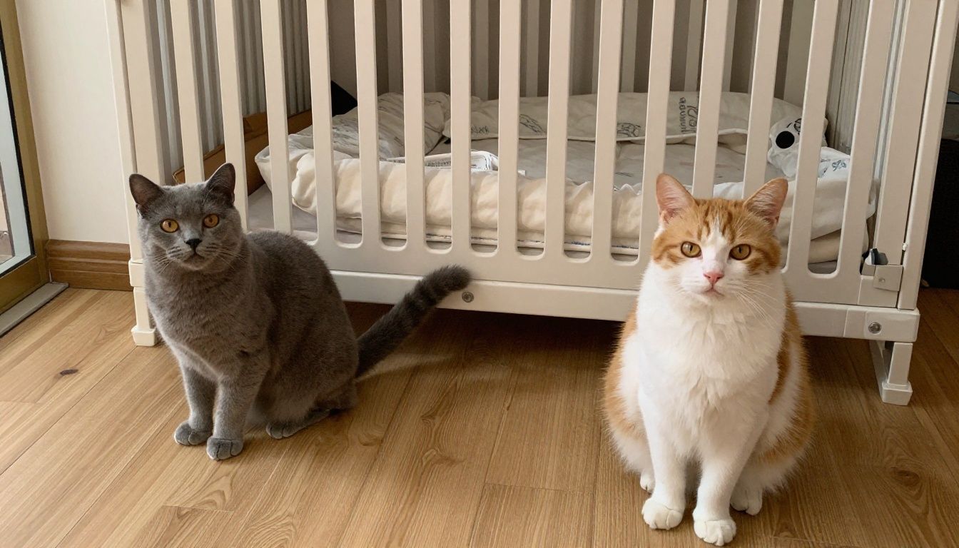 Two cats separated by a secure baby gate during a calm, gradual household introduction