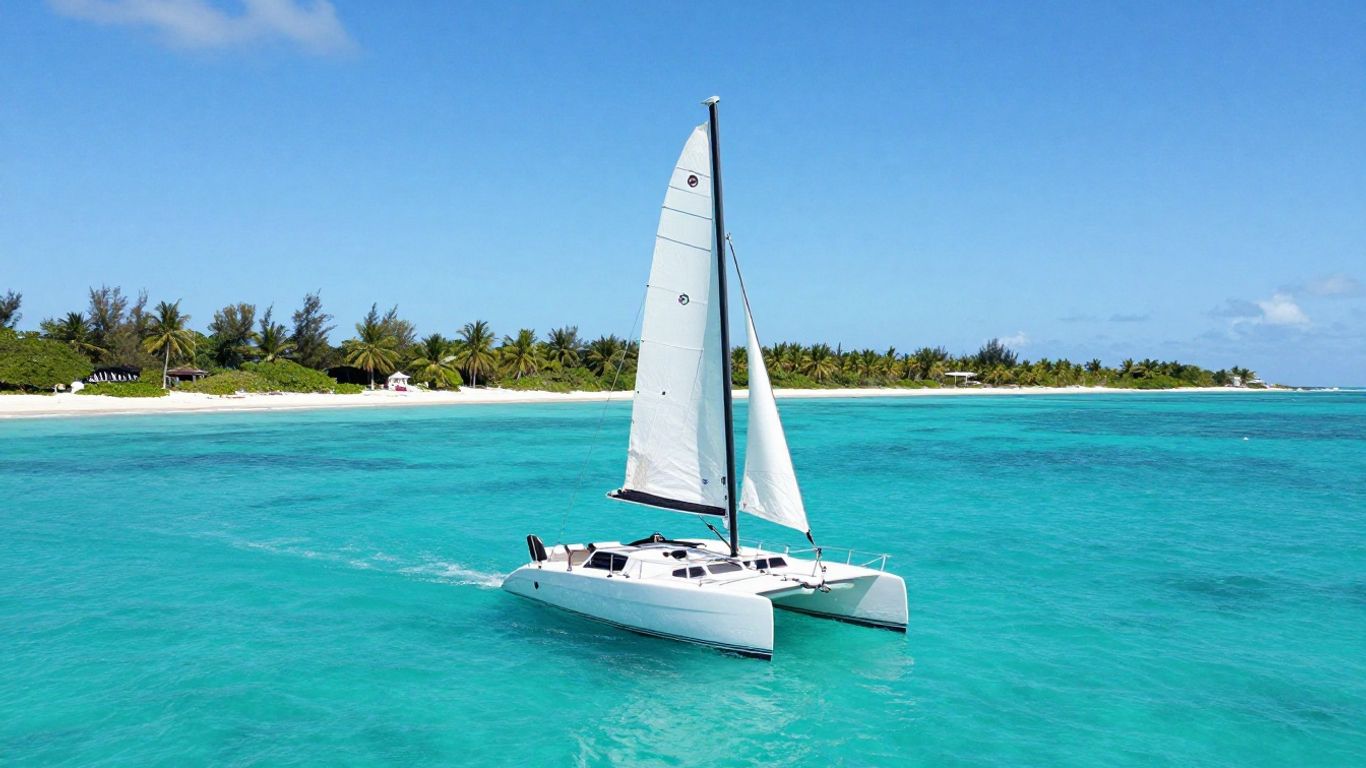 Catamaran sailing on turquoise Caribbean waters near islands.