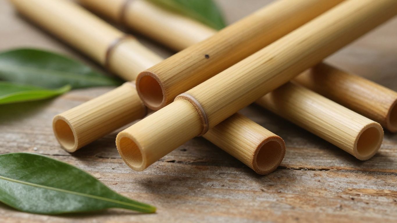 Natural bamboo drinking straws on a wooden surface with leaves.