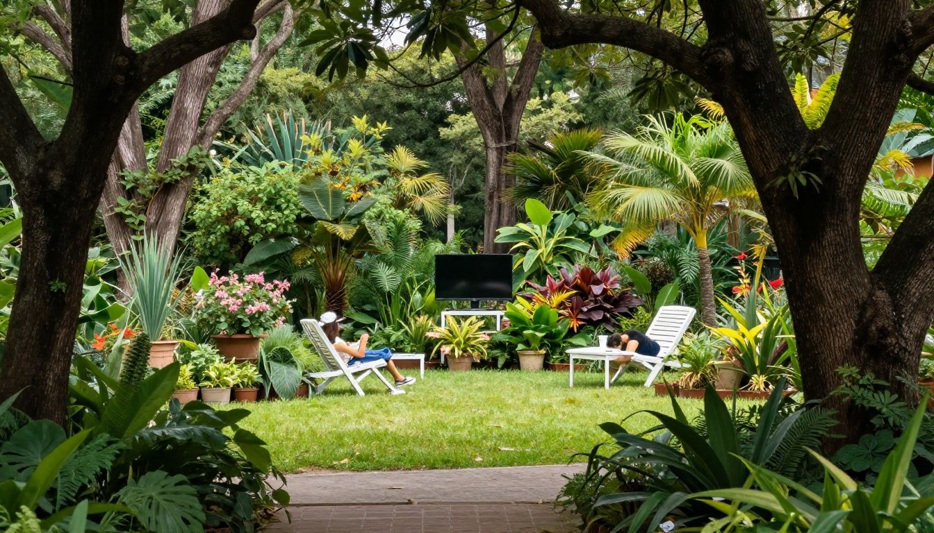 Cenario sereno e vibrante representando um jardim digital acolhedor e relaxante