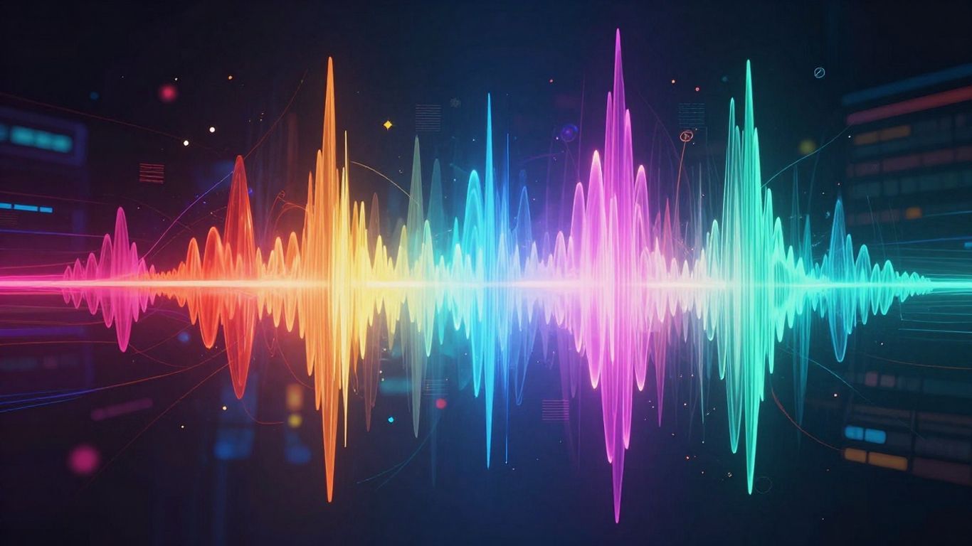 AI music creation interface with colorful sound waves.