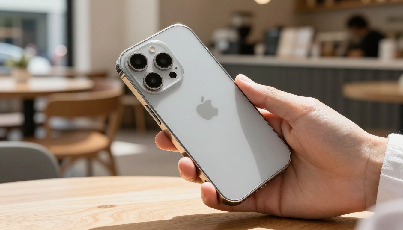 A person carefully putting a sleek, modern case on their new iPhone 17 Air, with a sunlit Australian cafe in the background