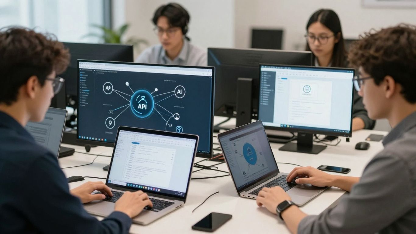 Developers collaborating with Zoho apps in modern office