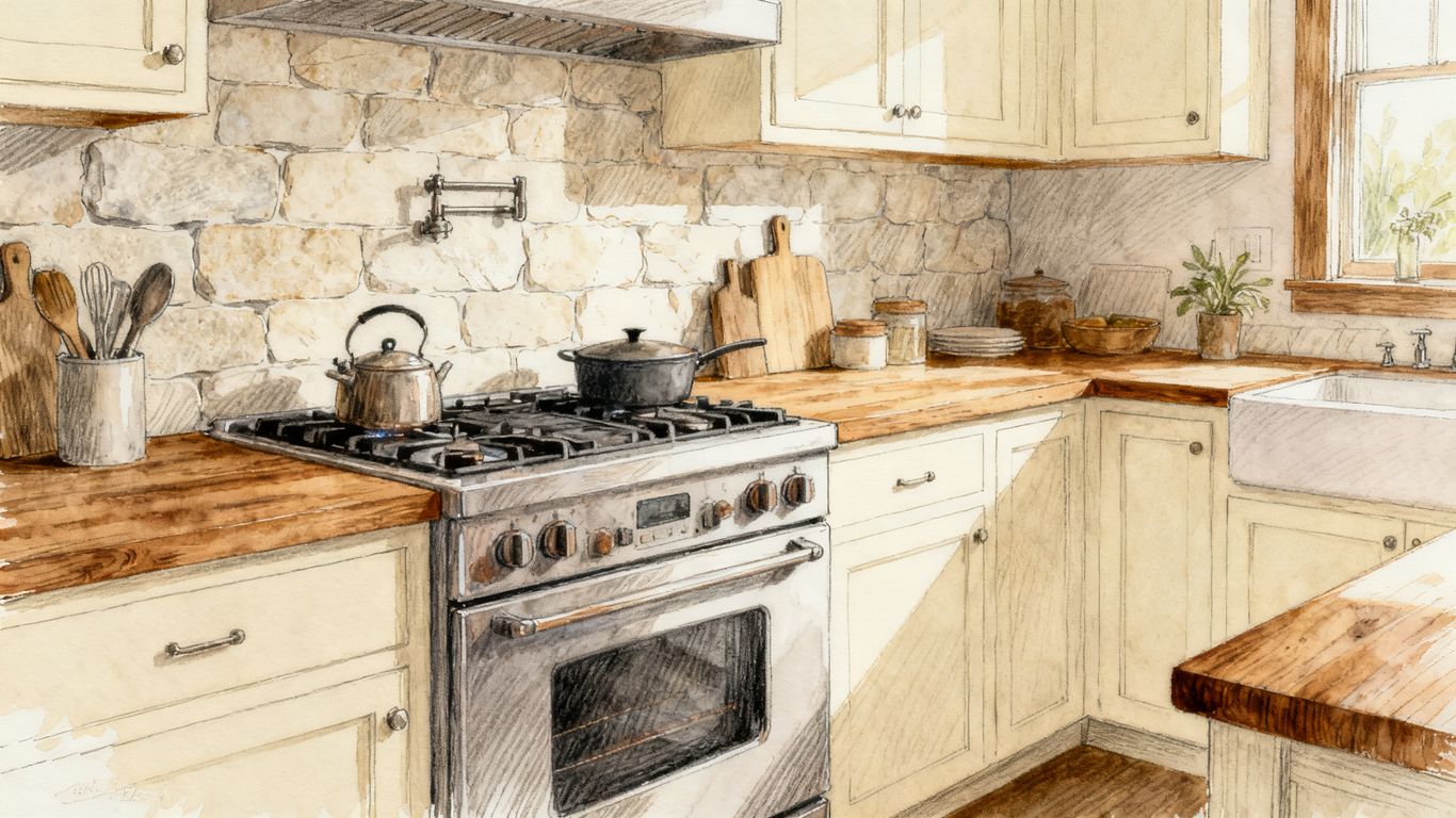 Stone backsplash behind a bright kitchen range
