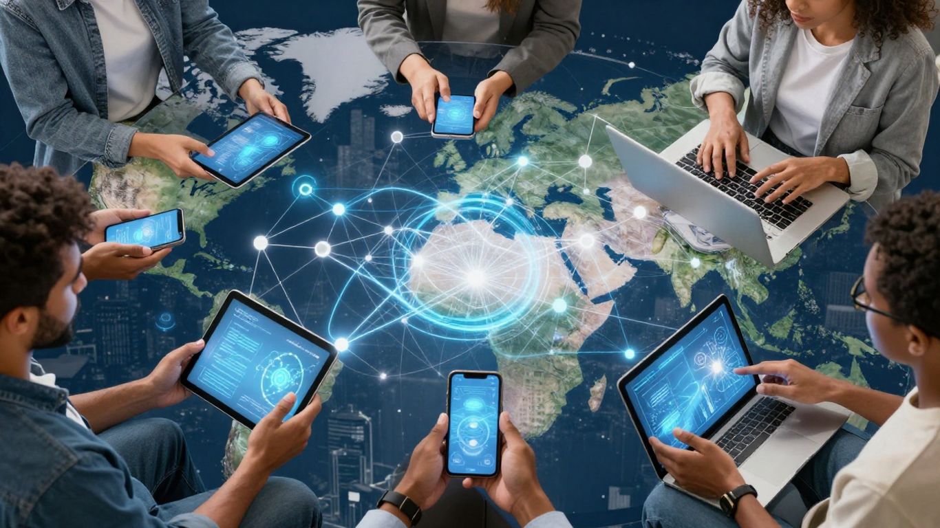 People using smartphones and laptops, connected globally.