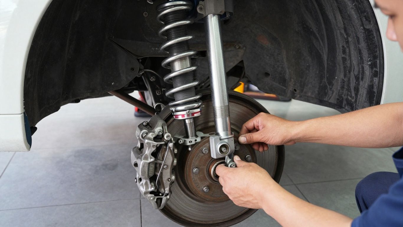 Technician inspecting modern electric vehicle suspension