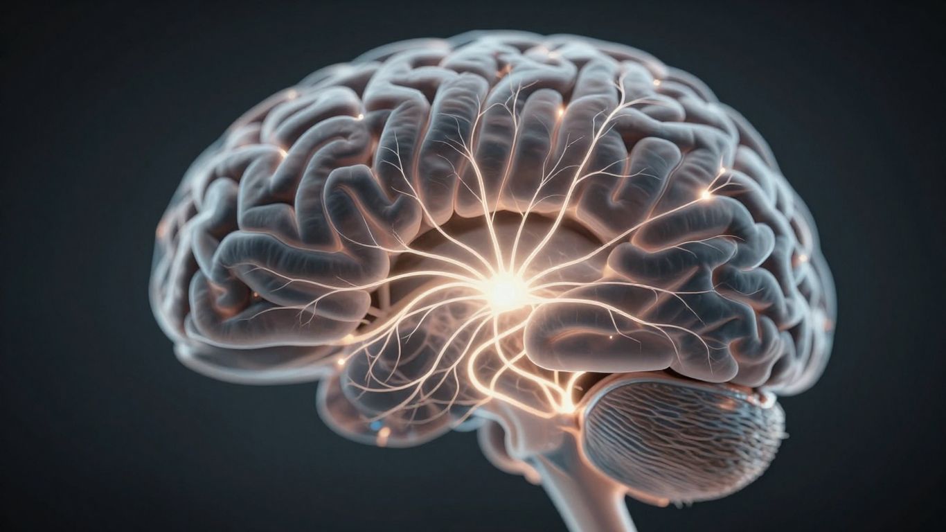 Detailed human brain with glowing neural pathways.