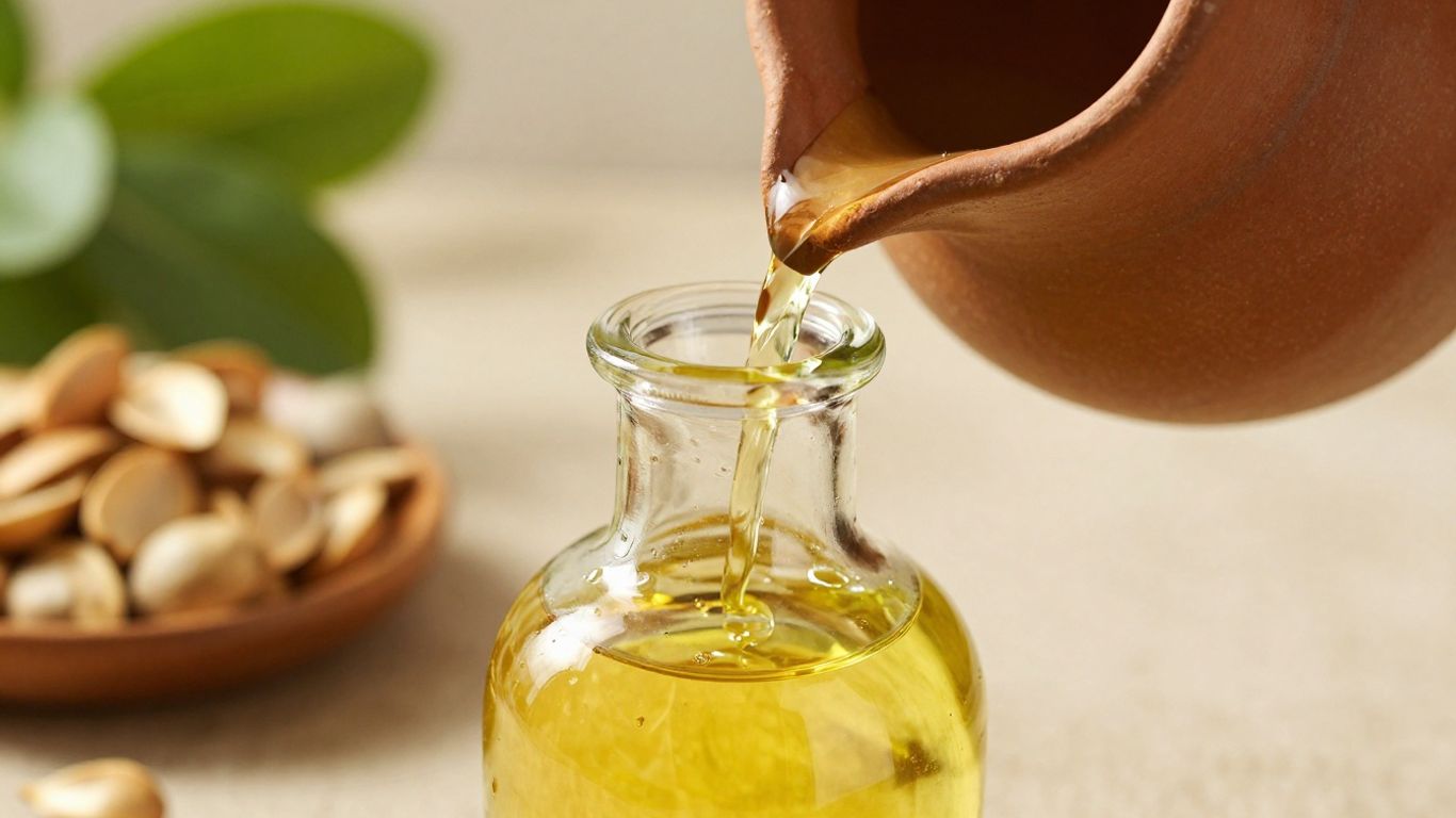 Golden cold-pressed oil pouring into a glass bottle.