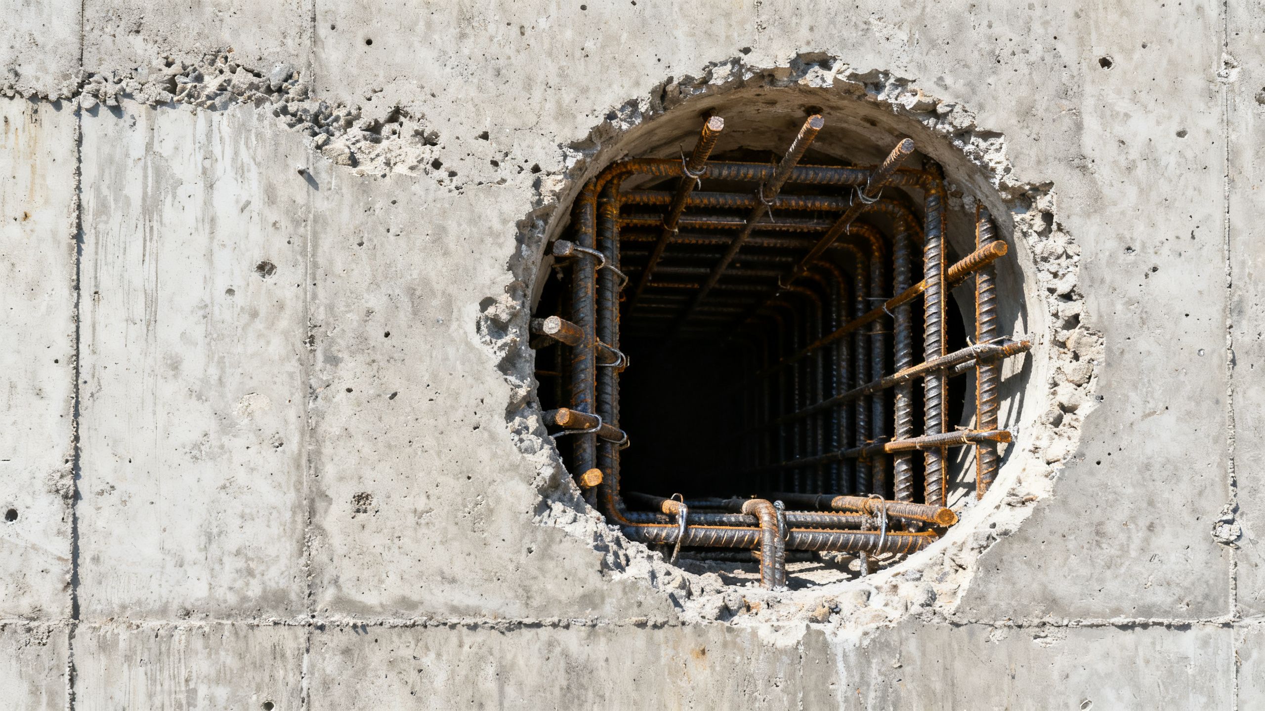 Dense rebar visible in the face of a 300mm core hole through a concrete wall