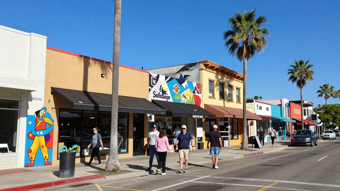South Austin street with murals and shops