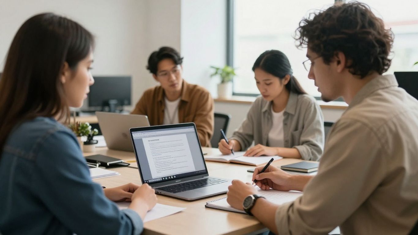 Employees preparing for coaching conversations in a bright office