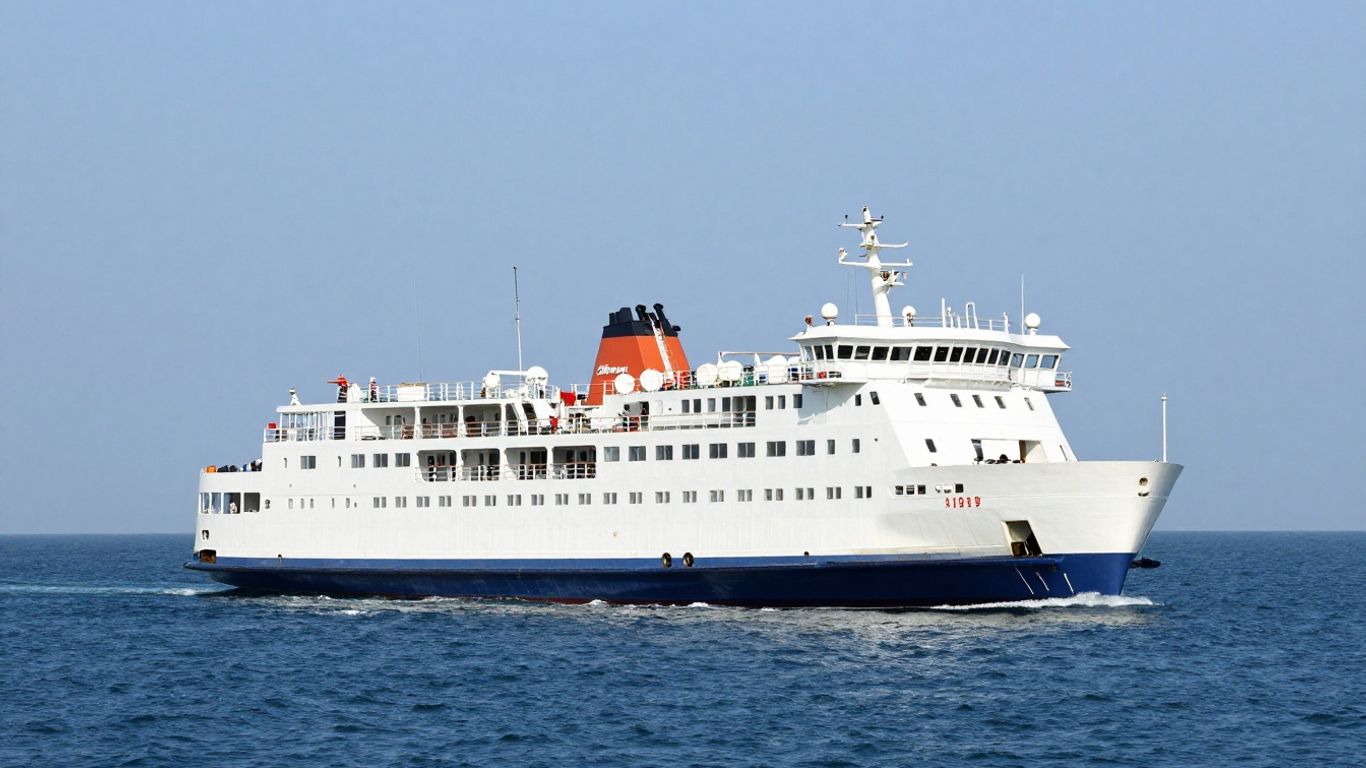 Ferry sailing across the sea towards the UK.