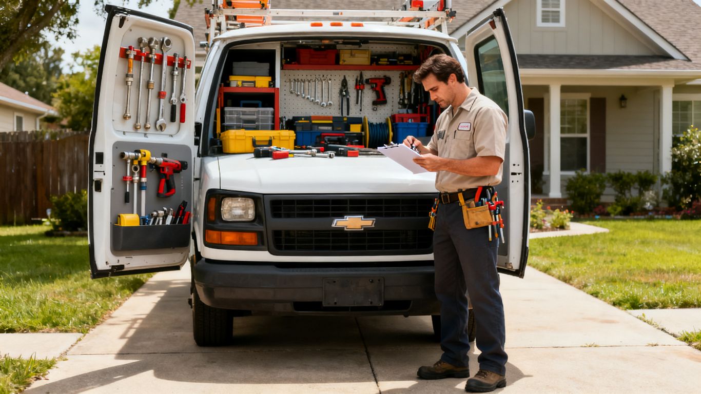 Professional plumber reviewing tools and credentials beside service van
