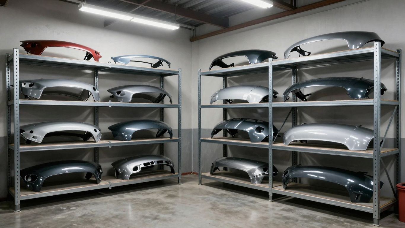 Garage shelves featuring organized car body panels
