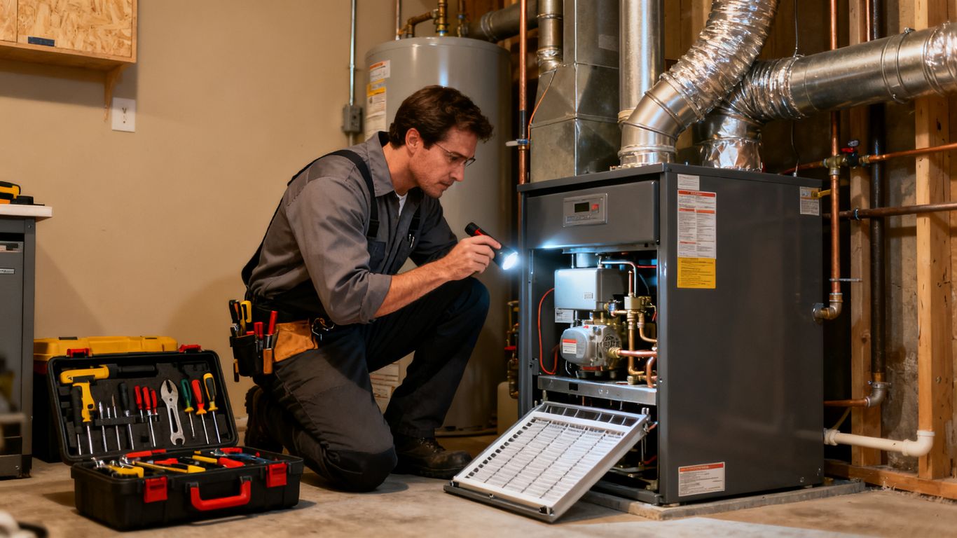 Furnace technician inspecting a residential heating system
