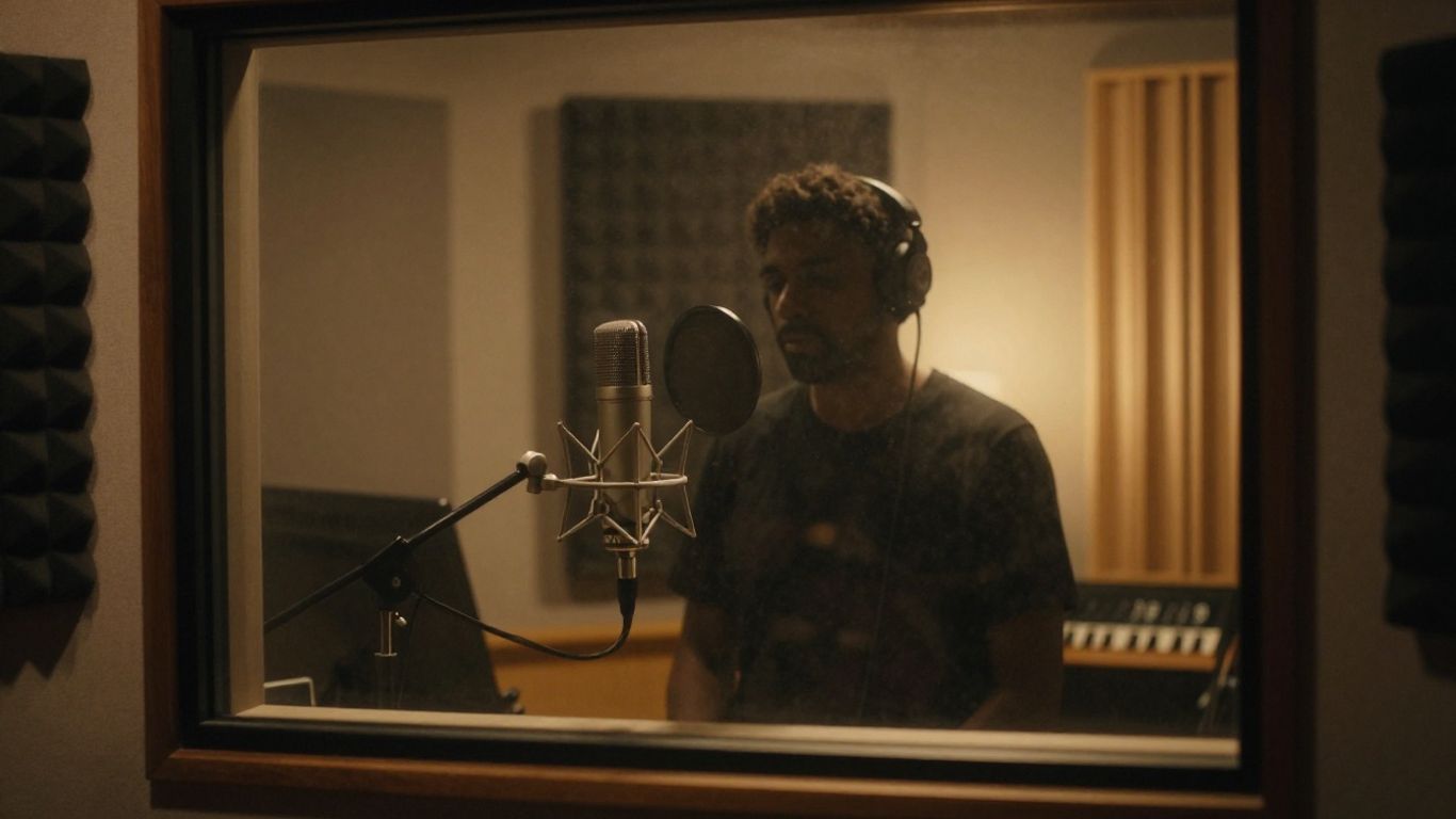 Professional recording studio booth with vintage microphone.