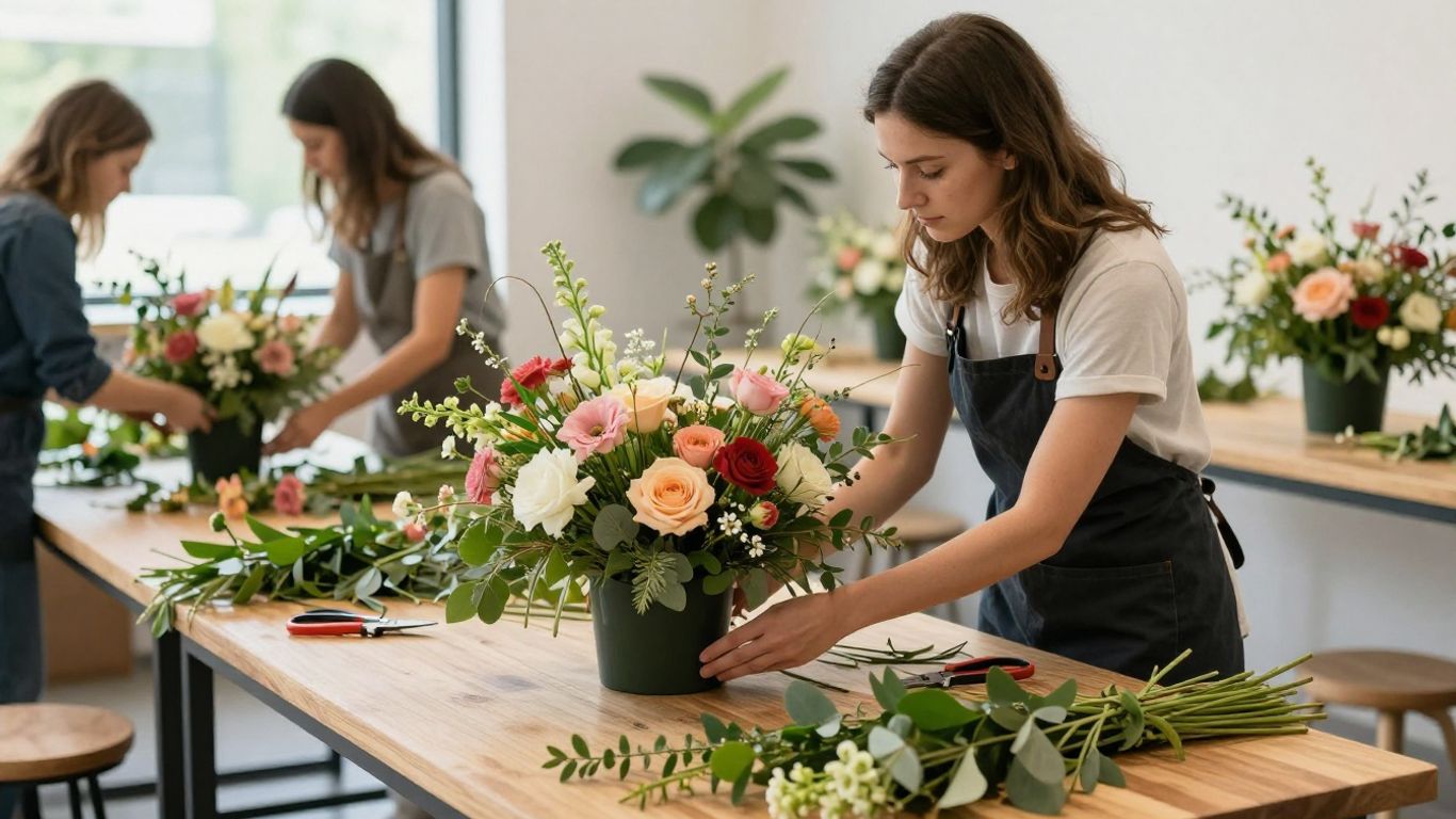 Floral designer adjusting a large centerpiece