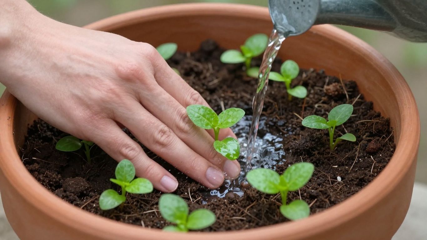 Verdichtete Erde im Topf wird aufgelockert und bewässert.