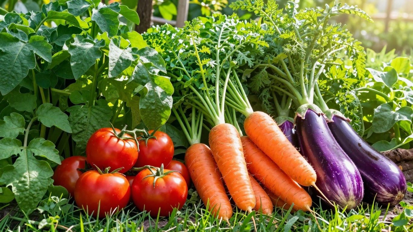 Reife Ernte im sonnigen Garten mit Gemüse und Obst.