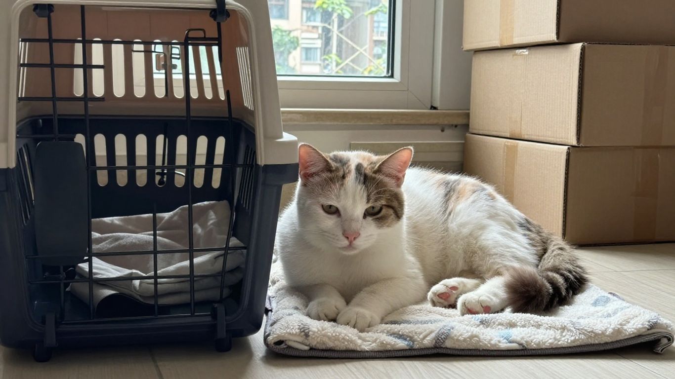 Cat resting beside open carrier and packed boxes