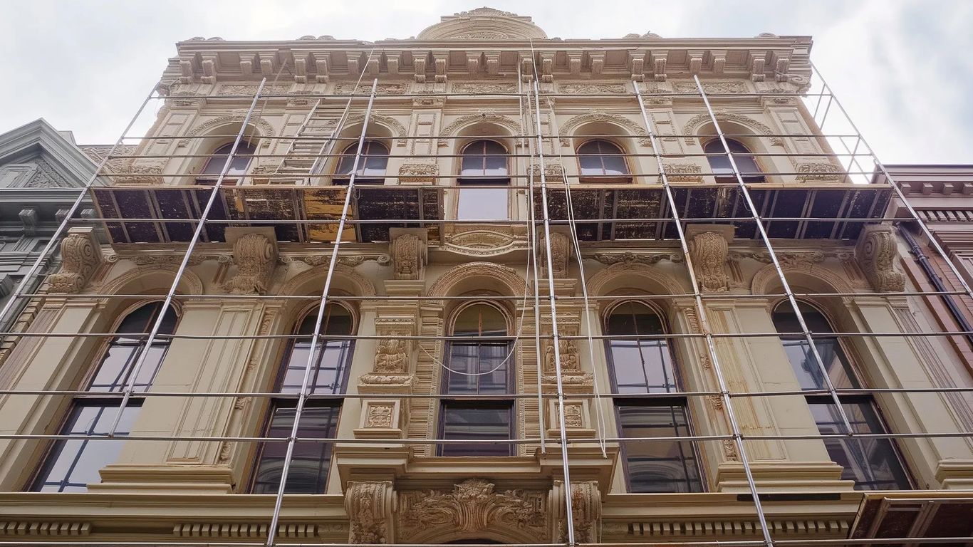 Ornate building facade covered in scaffolding, undergoing restoration.