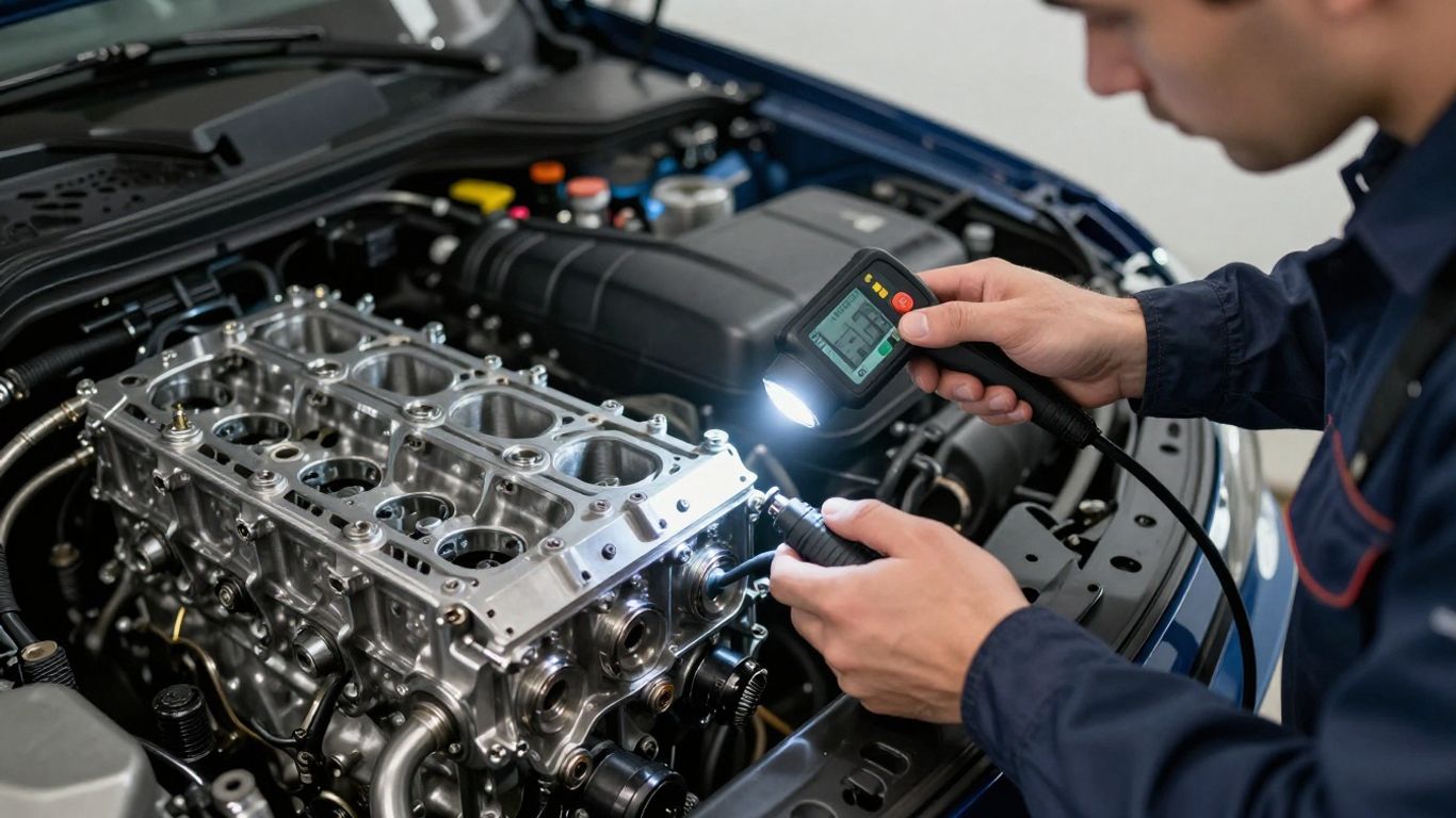 A mechanic inspecting an engine