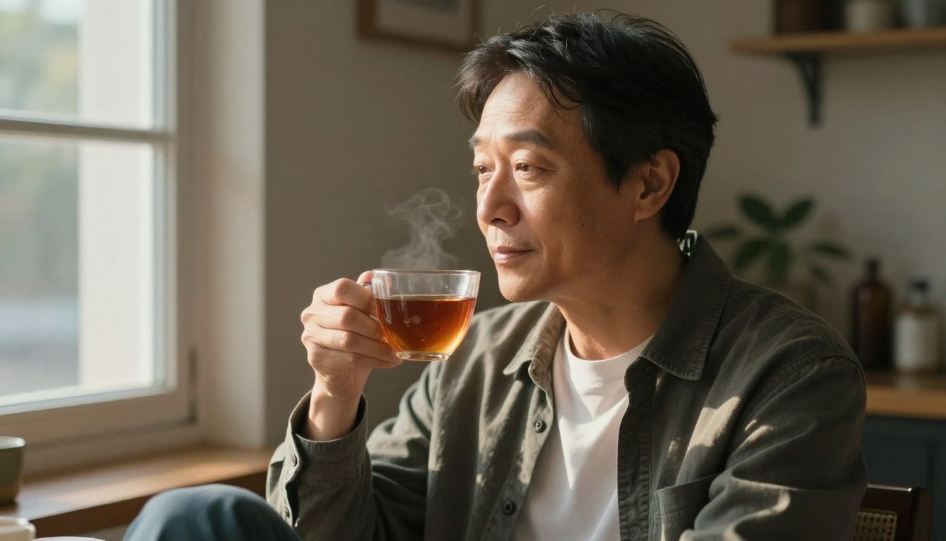 A person of color in their 40s, looking refreshed and calm, sits by a window with the morning sun lighting up their face, holding a cup of tea.