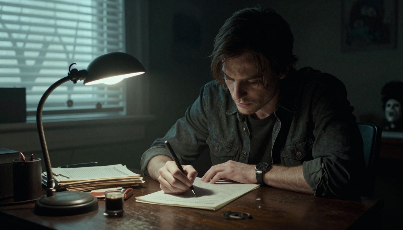 Uma representação sombria de Alan Wake escrevendo em uma sala iluminada por uma lâmpada, cercado por páginas, sombras e símbolos ligados ao terror psicológico